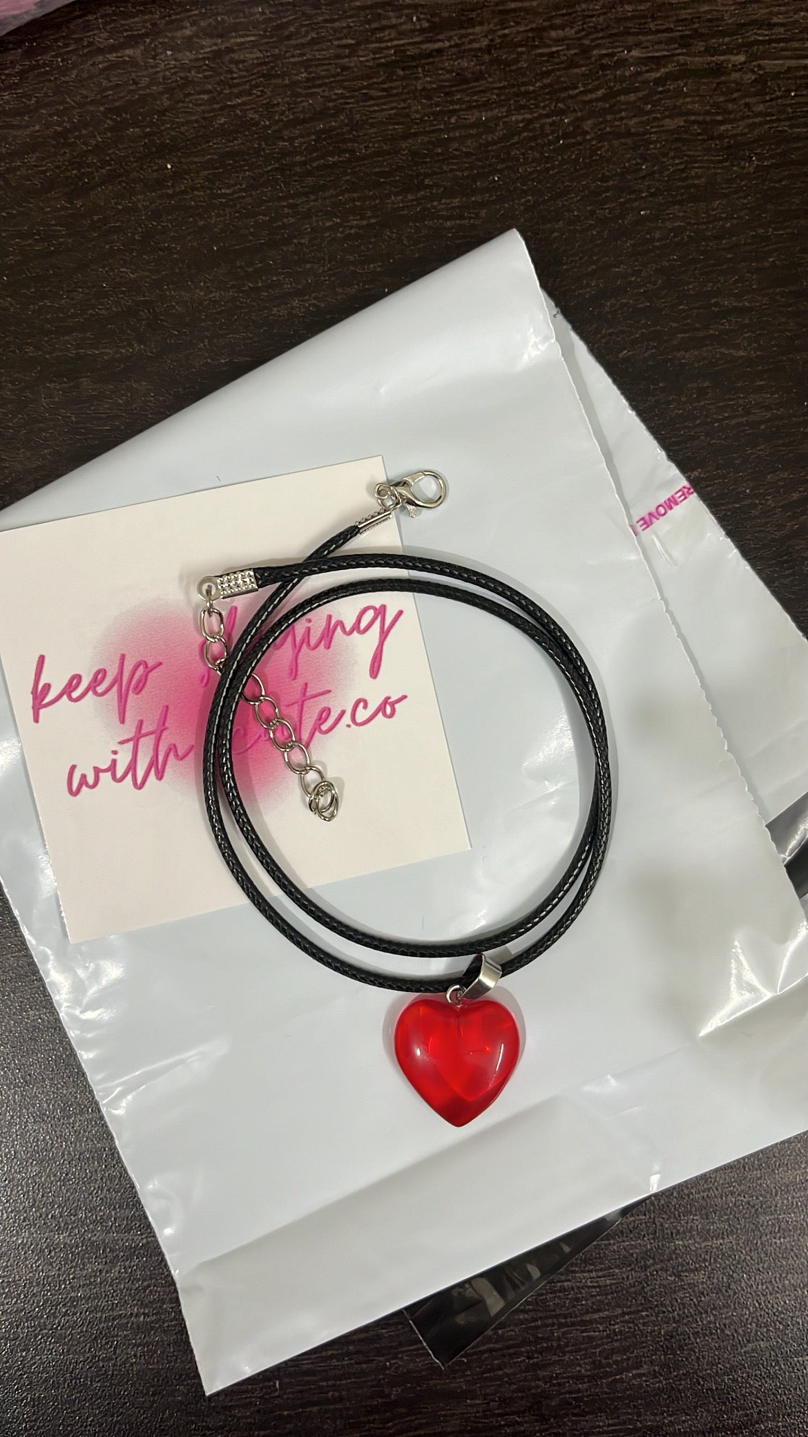 red glass heart cord chain