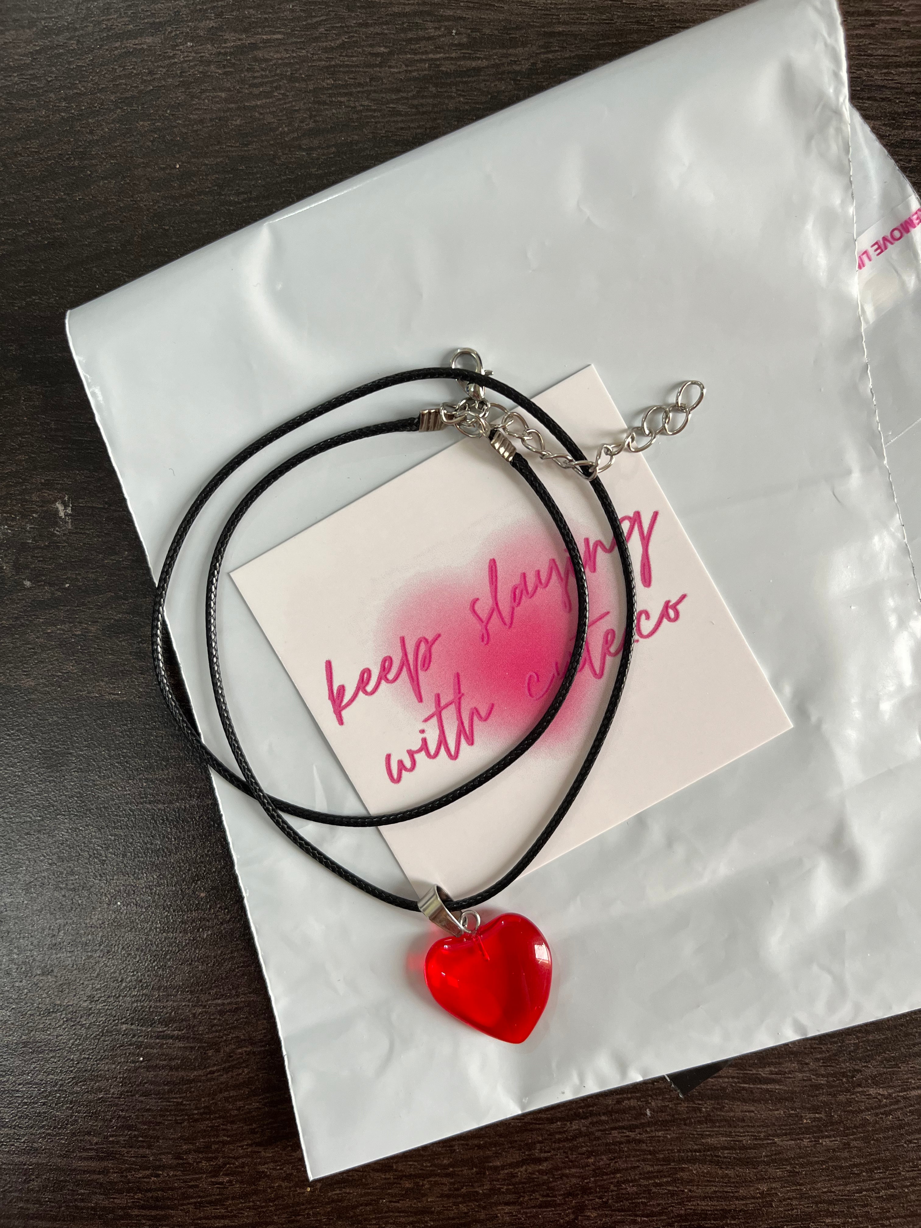 red glass heart cord chain